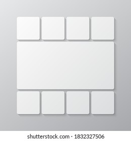 Templates collage nine frames, photos, parts pictures, illustrations. Vector frame branding presentation. Creative theme with 9 part simple square border layout. Modern minimalistic board mockup