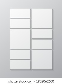 Templates collage nine frames, photos, parts pictures, illustrations. Vector frame presentation. Creative theme with 9 part simple square border layout. Modern minimal vertical moodboard mockup.
