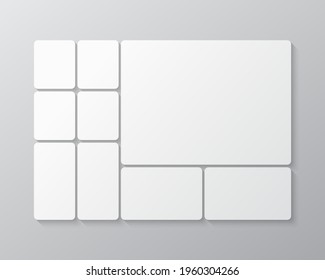 Templates collage nine frames, photos, parts, pictures, illustrations. Vector frame branding presentation. Creative theme with 9 part simple rectangle layout. Modern minimalistic board mockup