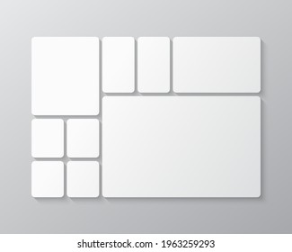 Templates collage nine frames, photos, parts, pictures, illustrations. Vector frame branding presentation. Creative theme with 9 part simple rectangle layout. Modern minimalistic board mockup