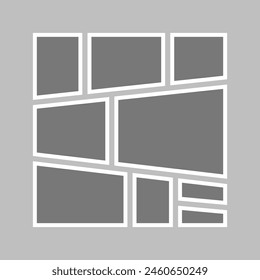 Templates collage nine frames, photos, parts pictures, illustrations. Vector frame presentation. Creative theme with 9 part simple square border layout. Modern minimal vertical moodboard mockup