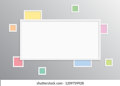 Coloquios de plantillas de un marco, foto, pieza, imagen o ilustración. Marcas vectoriales. Presentación de la placa y la marca. Tema creativo. Moodboard. Una foto rectangular. Burla del marco del afiche. Concepto de grupo.