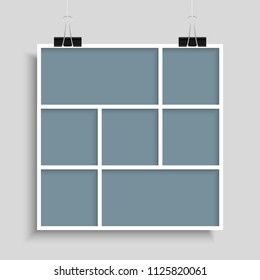Templates collage seven frames, photos, parts, picture or illustration. Vector frames. Board and branding Presentation. Creative theme. Moodboard. Seven photos. Poster frame mockup. Collage concept.