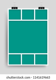 Templates collage seven frames, photos, parts, picture or illustration. Vector frames. Board and branding Presentation. Creative theme. Moodboard. Seven photos. Poster frame mockup. Collage concept.