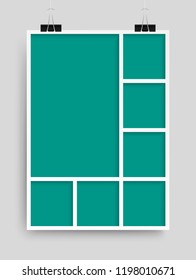 Templates collage seven frames, photos, parts, picture or illustration. Vector frames. Board and branding Presentation. Creative theme. Moodboard. Seven photos. Poster frame mockup. Collage concept.