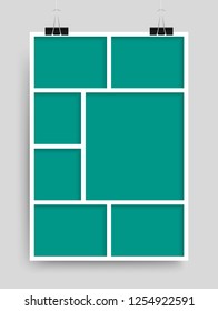 Templates collage seven frames, photos, parts, picture or illustration. Vector frames. Board and branding Presentation. Creative theme. Moodboard. Seven photos. Poster frame mockup. Collage concept.
