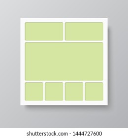 Templates collage seven frames, photos, parts pictures, illustrations. Vector frame branding presentation. Creative theme 7 part simple square border layout. Modern minimalistic mood board mockup.