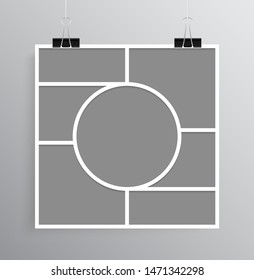 Templates collage seven frames, photos, parts pictures, illustrations. Vector frame branding presentation. Creative theme with 7 part simple square border layout. Modern minimalistic mood board mockup