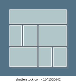 Templates collage seven frames, photos, parts pictures, illustrations. Vector frame branding presentation. Creative theme with 7 part simple square border layout. Modern minimalistic mood board mockup