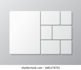 Templates collage seven frames photos parts, picture or illustration. Vector frames. Board and branding Presentation. Creative theme. Moodboard with 7 photos. Poster frame mockup. Collage concept.