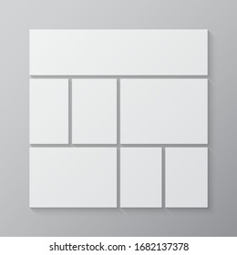 Templates collage seven frames, photos, parts pictures, illustrations. Vector frame branding presentation. Creative theme with 7 part simple square border layout. Modern minimalistic mood board mockup