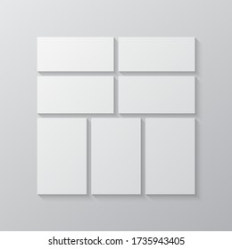Vorlagen sammeln sieben Rahmen, Fotos, Teile Bilder, Illustrationen. Präsentation der Vector Rahmen-Markendarstellung. Kreatives Design mit 7-teiligem einfachem quadratischem Rahmen. Moderne minimale Moodboard-Mockup.