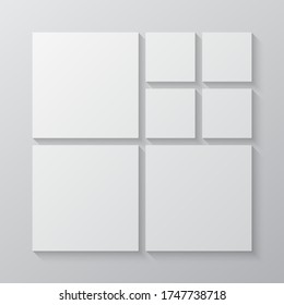Las plantillas cotejan siete marcos, fotos, partes de imágenes, ilustraciones. Presentación de la marca de marco vectorial. Tema creativo con 7 partes de diseño simple de borde cuadrado. Moderna maqueta mínima.