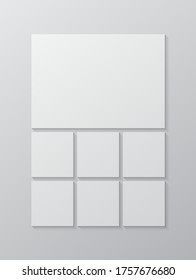 Templates collage seven frames, photos, parts pictures, illustrations. Vector frame presentation. Creative theme with 7 part simple square border layout. Modern minimal vertical moodboard mockup.