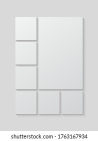 Templates collage seven frames, photos, parts pictures, illustrations. Vector frame presentation. Creative theme with 7 part simple square border layout. Modern minimal vertical moodboard mockup.