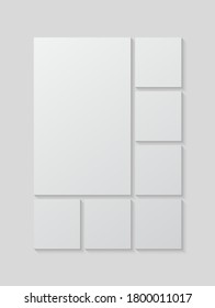 Templates collage seven frames, photos, parts pictures, illustrations. Vector frame presentation. Creative theme with 7 part simple square border layout. Modern minimal vertical moodboard mockup.