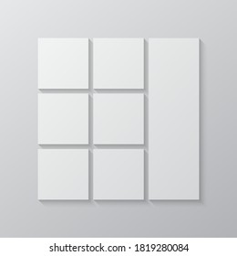 Vorlagen sammeln sieben Rahmen, Fotos, Einzelbilder, Illustrationen. Vektorbild-Branding-Präsentation. Kreatives Thema mit 7 Teilen einfachem quadratischem Randlayout. Modernes minimalistisches Brettmuster
