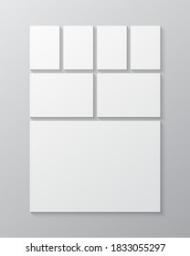 Las plantillas cotejan siete marcos, fotos, partes de imágenes, ilustraciones. Presentación del marco vectorial. Tema creativo con 7 partes de diseño simple de borde rectangular. Moderna maqueta vertical mínima.