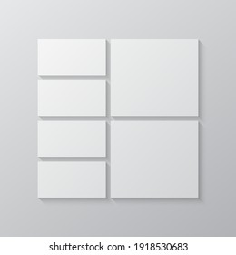 Templates collage seven frames, photos, parts pictures, illustrations. Vector frame branding presentation. Creative theme with 7 part simple square border layout. Modern minimalistic board mockup