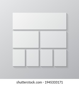 Templates collage seven frames, photos, parts pictures, illustrations. Vector frame branding presentation. Creative theme with 7 part simple square border layout. Modern minimalistic board mockup