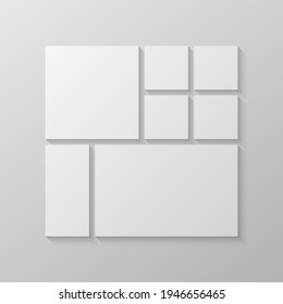 Templates collage seven frames, photos, parts pictures, illustrations. Vector frame branding presentation. Creative theme with 7 part simple square border layout. Modern minimalistic board mockup