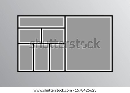 Templates collage seven frames photos parts, picture or illustration. Vector frames. Board and branding Presentation. Creative theme. Moodboard. 7 photos. Poster frame mockup. Collage concept.