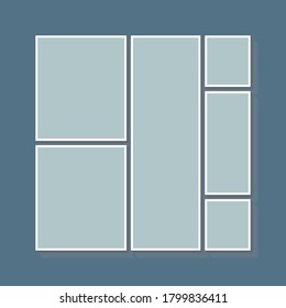 Templates collage six frames, photos, parts pictures, illustrations. Vector frame branding presentation. Creative theme with 6 part simple square border layout. Modern minimalistic mood board mockup.