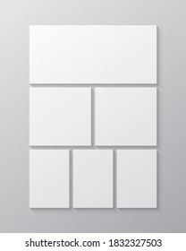 Templates collage six frames, photos, parts pictures, illustrations. Vector frame presentation. Creative theme with 6 part simple rectangle border layout. Modern minimal vertical moodboard mockup.