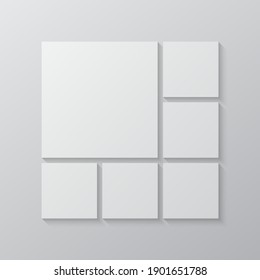 Templates collage six frames, photos, parts pictures, illustrations. Vector frame branding presentation. Creative theme with 6 part simple square border layout. Modern minimalistic board mockup