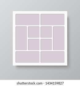 Templates collage ten frames, photos, parts pictures or illustrations. Vector frames. Board and branding presentation. Creative theme. Mood board. 10 photos. Poster frame mockup. Collage concept.