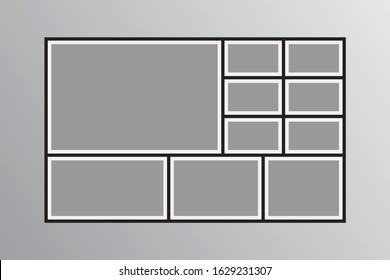 Templates collage ten frames photos parts, picture or illustration. Vector frames. Board and branding Presentation. Creative theme. Moodboard. 10 photos. Poster frame mockup. Collage concept.