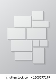 Templates collage ten frames, photos, parts pictures, illustrations. Vector frame presentation. Creative theme with 10 part simple square border layout. Modern minimal vertical moodboard mockup.
