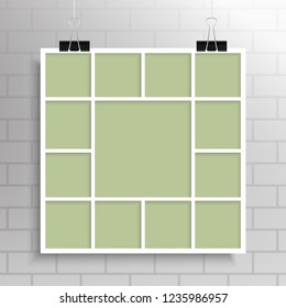 Templates collage thirteen frames, photos, parts, picture or illustration. Vector frames. Board and branding Presentation. Creative theme. Moodboard. 13 photos. Poster frame mockup. Collage concept.