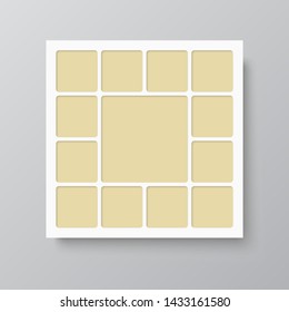 Templates collage thirteen frames, photos, parts pictures or illustrations. Vector frames. Board and branding presentation. Creative theme. Mood board. 13 photos. Poster frame mockup. Collage concept.