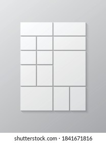 Templates collage thirteen frames, photos, parts pictures, illustrations. Vector frame presentation. Creative theme with 13 part simple rectangle border layout. Minimal vertical moodboard mockup.