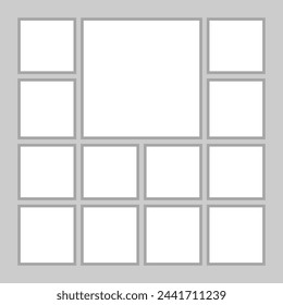 Templates collage thirteen frames, photos, parts pictures, illustrations. Vector frame branding presentation. Creative theme with 13 part simple square border layout. Modern minimalistic board mockup