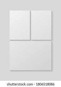 Templates collage three frames, photos, parts pictures, illustrations. Vector frame presentation. Creative theme with 3 part simple square border layout. Modern minimal vertical moodboard mockup.