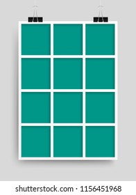 Templates collage twelve frames, photos, parts, picture or illustration. Vector frames. Board and branding Presentation. Creative theme. Moodboard. 12 photos. Poster frame mockup. Collage concept.
