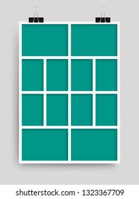 Templates collage twelve frames photos parts, picture or illustration. Vector frames. Board and branding Presentation. Creative theme. Moodboard. Twelve photos. Poster frame mockup. Collage concept.