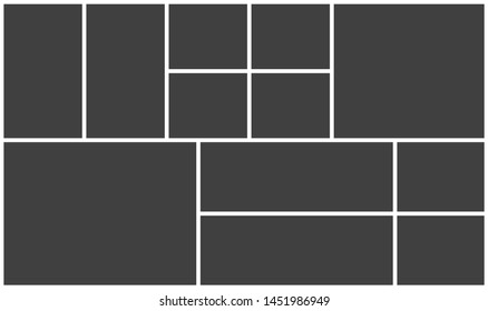 Templates collage twelve frames, photos, parts pictures, illustrations. Vector frame branding presentation. Creative theme with 12 part rectangle border layout. Modern minimalistic mood board mockup.
