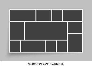 Templates collage twelve frames photos parts, picture or illustration. Vector frames. Board and branding Presentation. Creative theme. Moodboard. 12 photos. Poster frame mockup. Collage concept.