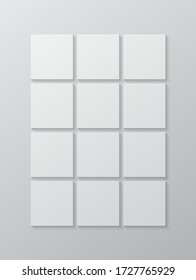 Templates collage twelve frames, photos, parts pictures, illustrations. Vector frame presentation. Creative theme with 12 part simple square border layout. Modern minimal vertical moodboard mockup.