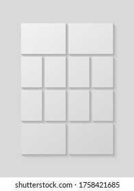 Las plantillas cotejan doce marcos, fotos, partes de imágenes, ilustraciones. Presentación del marco vectorial. Tema creativo con 12 partes de diseño simple de borde cuadrado. Moderna maqueta vertical mínima.