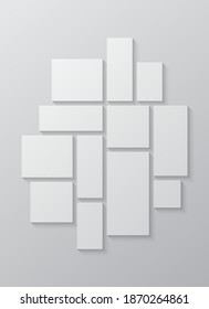 Templates collage twelve frames, photos, parts pictures, illustrations. Vector frame presentation. Creative theme with 12 part simple square border layout. Modern minimal vertical moodboard mockup.