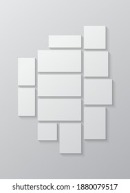 Templates collage twelve frames, photos, parts pictures, illustrations. Vector frame presentation. Creative theme with 12 part simple square border layout. Modern minimal vertical moodboard mockup.