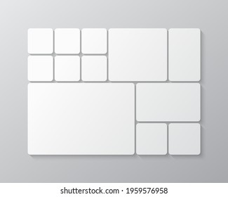 Templates collage twelve frames, photos, parts, pictures, illustrations. Vector frame branding presentation. Creative theme with 12 part simple rectangle layout. Modern minimalistic board mockup