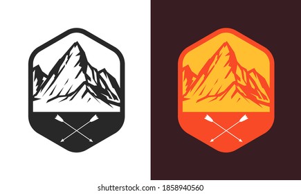 Templates composition of outdoor travel, adventures with mountain for badge, label, logo, patches or emblems in retro vintage style. Design concept for tourism. Vector illustration.
