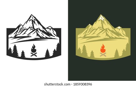 Templates composition of outdoor travel, adventures with mountain for badge, label, logo, patches or emblems in retro vintage style. Design concept for tourism. Vector illustration.