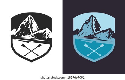 Templates composition of outdoor travel, adventures with mountain for badge, label, logo, patches or emblems in retro vintage style. Design concept for tourism. Vector illustration.