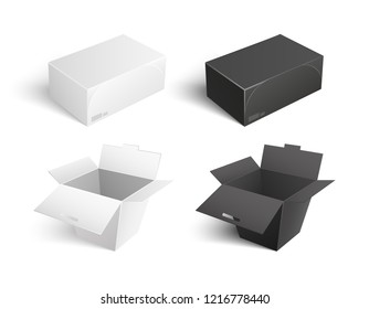 Templates of containers vector icons. Boxes and packages made of paper and carton isolated on white. Mockup of cardboards, delivery packs in realistic design